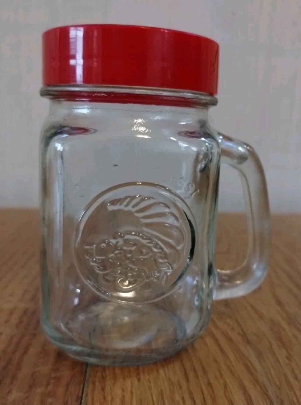 Vintage 12 oz Golden Harvest Drinking Jar with Handle 4.5" Tall - with Lid
